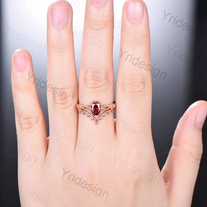 Art deco Natural Red Garnet Engagement Ring Set Vintage Unique 2Pcs Garnet Wedding Bridal Ring Set January Birthstone Ring Gift For her - PENFINE