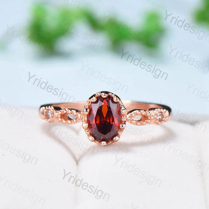 Art deco Natural Red Garnet Engagement Ring Set Vintage Unique 2Pcs Garnet Wedding Bridal Ring Set January Birthstone Ring Gift For her - PENFINE