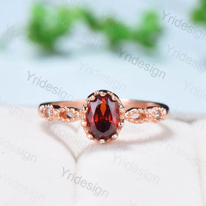 Art deco Natural Red Garnet Engagement Ring Set Vintage Unique 2Pcs Garnet Wedding Bridal Ring Set January Birthstone Ring Gift For her - PENFINE