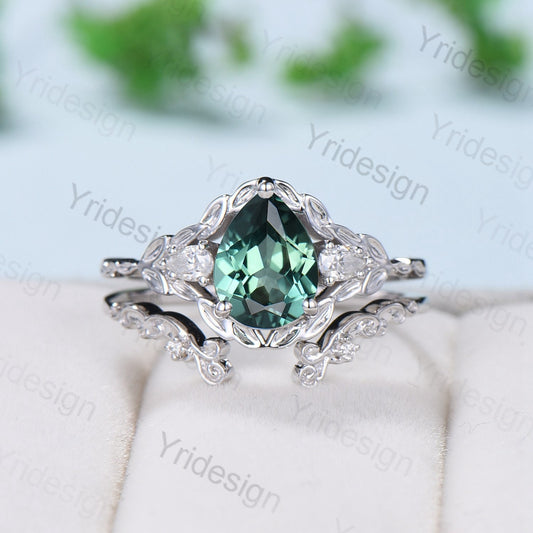 Unique Green Sapphire Leaf Engagement Ring Set Solid 10K/14K/18K White Gold Antique Cluster Pear Moissanite Leaves Wedding Ring For Women - PENFINE