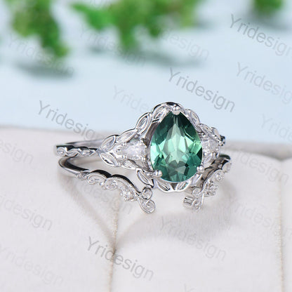 Unique Green Sapphire Leaf Engagement Ring Set Solid 10K/14K/18K White Gold Antique Cluster Pear Moissanite Leaves Wedding Ring For Women - PENFINE