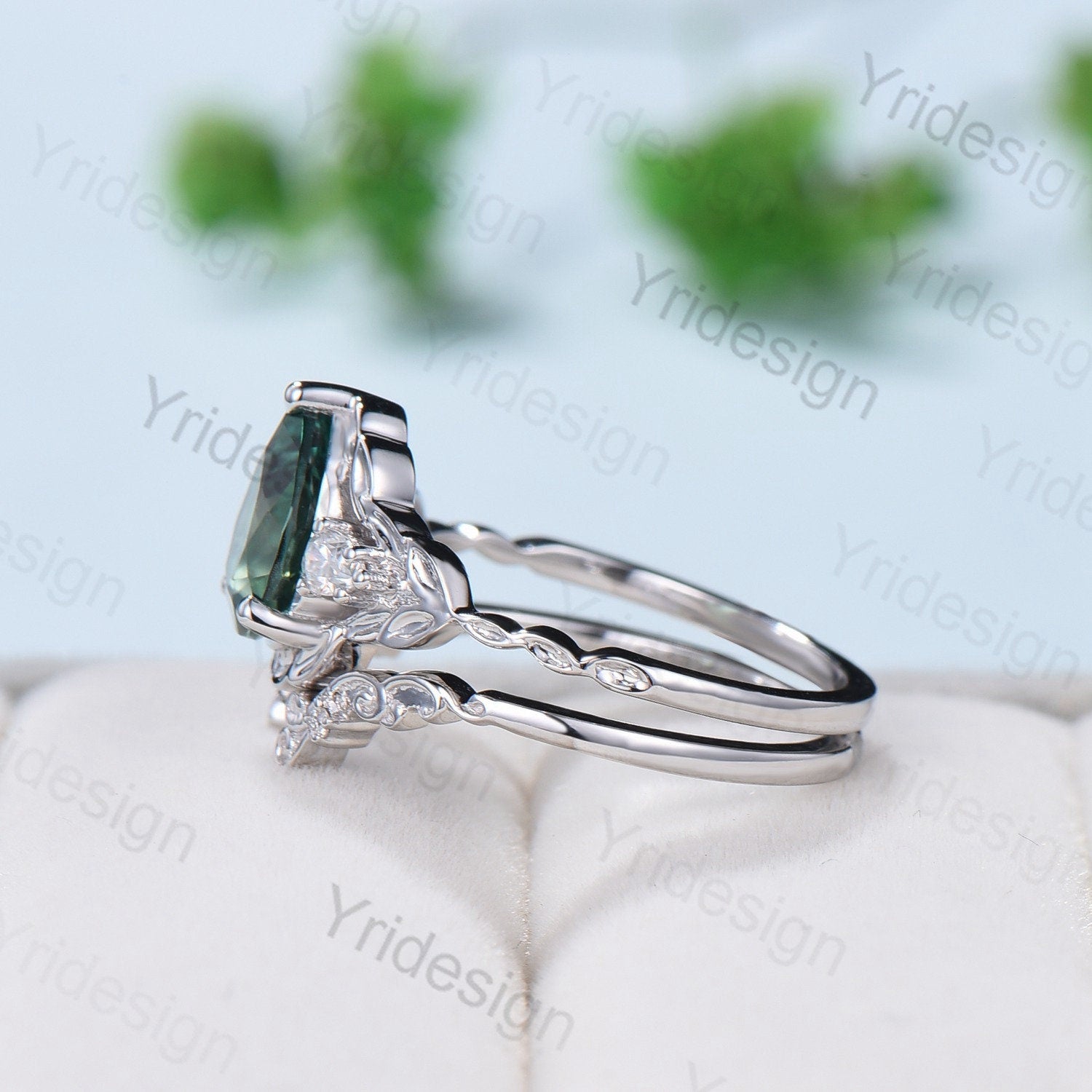 Unique Green Sapphire Leaf Engagement Ring Set Solid 10K/14K/18K White Gold  Antique Cluster Pear Moissanite Leaves Wedding Ring For Women