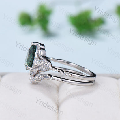 Unique Green Sapphire Leaf Engagement Ring Set Solid 10K/14K/18K White Gold Antique Cluster Pear Moissanite Leaves Wedding Ring For Women - PENFINE