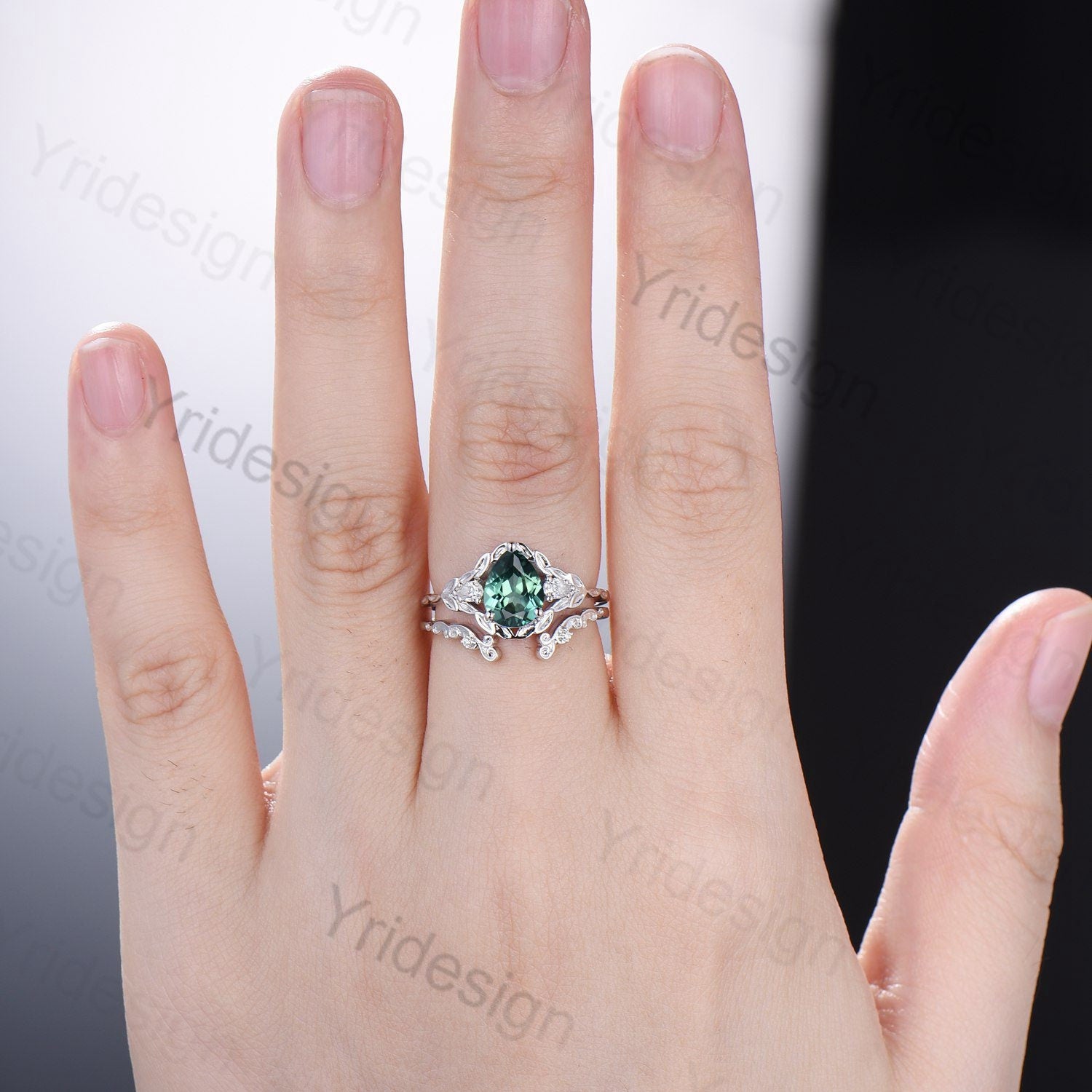 Unique Green Sapphire Leaf Engagement Ring Set Solid 10K/14K/18K White Gold Antique Cluster Pear Moissanite Leaves Wedding Ring For Women - PENFINE