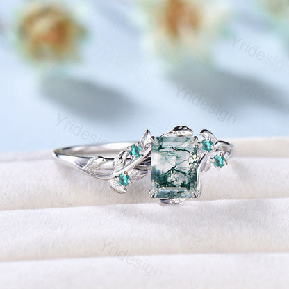 Vintage Emerald Cut Moss Agate Ring Rose Gold Natural Inspired Leaf Engagement Ring Unique Green Stone Branch Wedding Ring Women Christmas - PENFINE