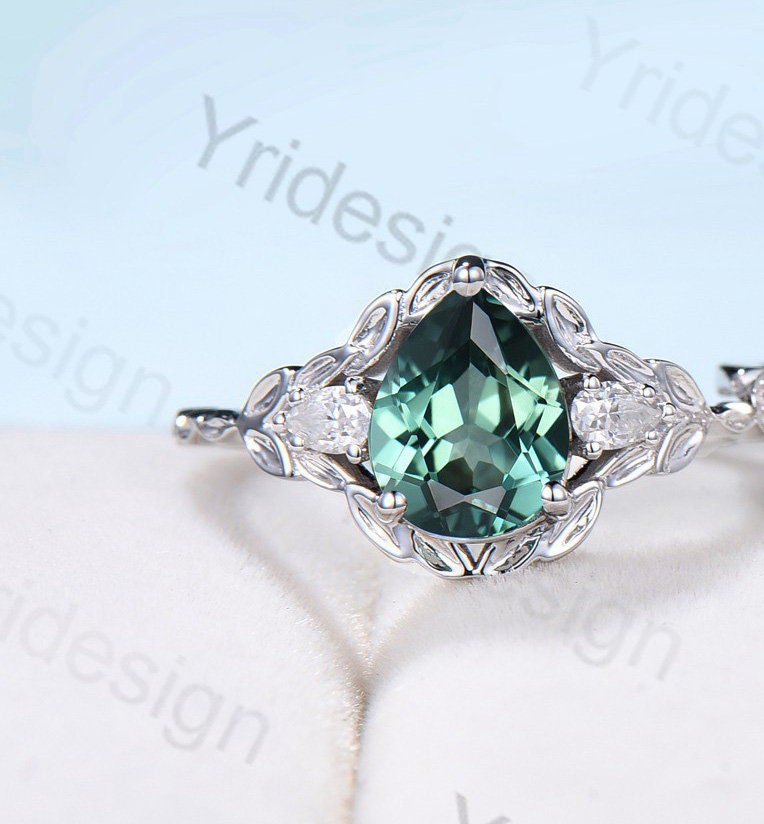 Unique Green Sapphire Leaf Engagement Ring Set Solid 10K/14K/18K White Gold Antique Cluster Pear Moissanite Leaves Wedding Ring For Women - PENFINE