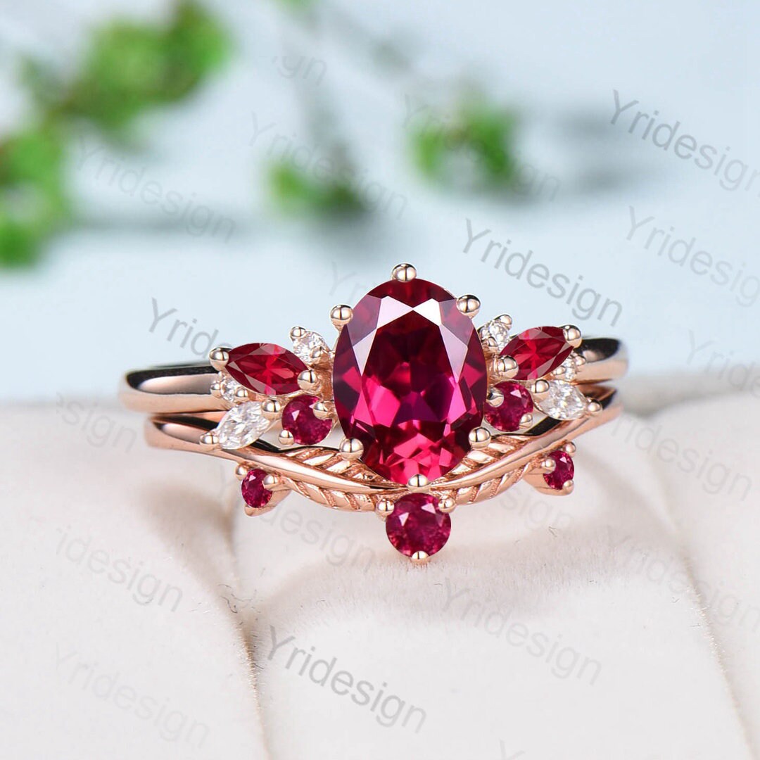 Oval Ruby Wedding Ring Set Rose Gold Ruby Diamond Engagement Ring Set Vintage Leaf Stacking Ring Natural Inspired Proposal Gifts for Women - PENFINE