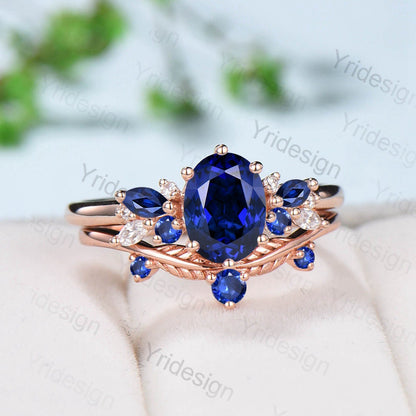Oval Sapphire Wedding Ring Set Rose Gold Unique Sapphire Engagement Ring Set Vintage Stacking Ring  Natural Inspired Proposal Gift for Women - PENFINE