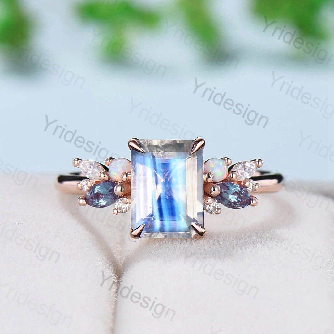 Unique Emerald Cut Moonstone Engagement Ring Rose Gold Alternative Alexandrite Opal Wedding Ring For Women Vintage June Birthstone Ring - PENFINE