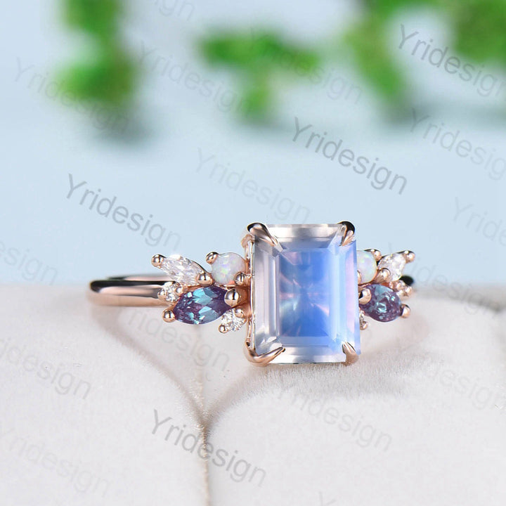 Unique Emerald Cut Moonstone Engagement Ring Rose Gold Alternative Alexandrite Opal Wedding Ring For Women Vintage June Birthstone Ring - PENFINE