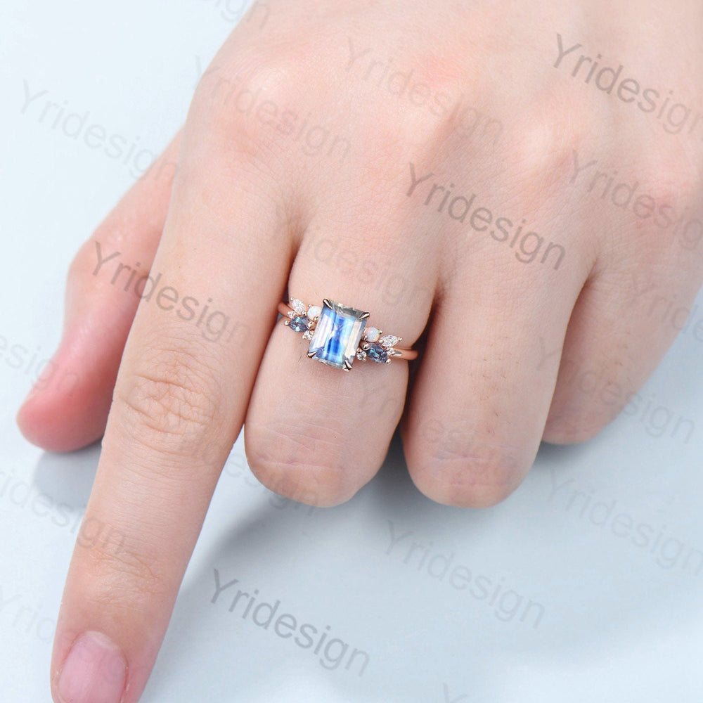 Unique Emerald Cut Moonstone Engagement Ring Rose Gold Alternative Alexandrite Opal Wedding Ring For Women Vintage June Birthstone Ring - PENFINE