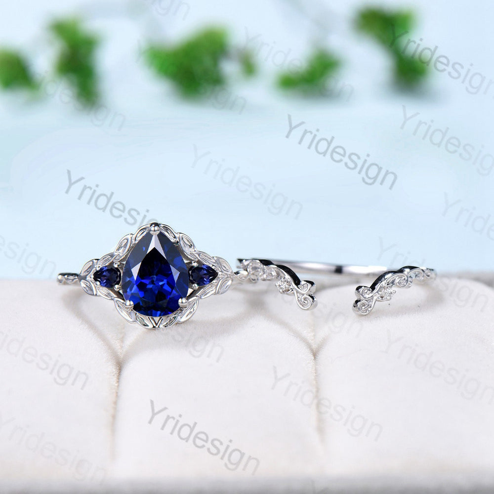 Vintage Blue Sapphire Leaf Engagement Ring Set Solid 10K/14K/18K White Gold Unique Natural Inspired Sapphire Leaves Wedding Ring For Women - PENFINE