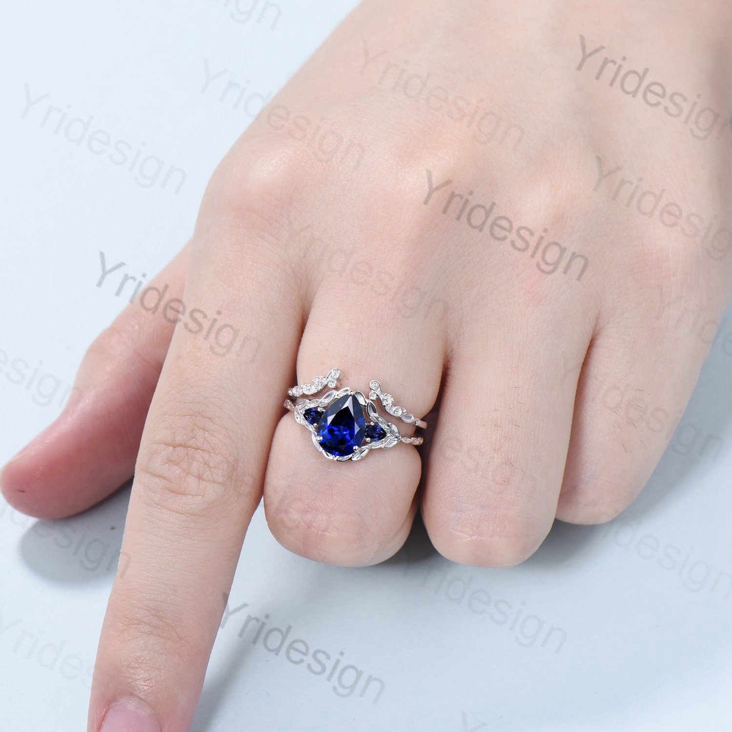 Vintage Blue Sapphire Leaf Engagement Ring Set Solid 10K/14K/18K White Gold Unique Natural Inspired Sapphire Leaves Wedding Ring For Women - PENFINE