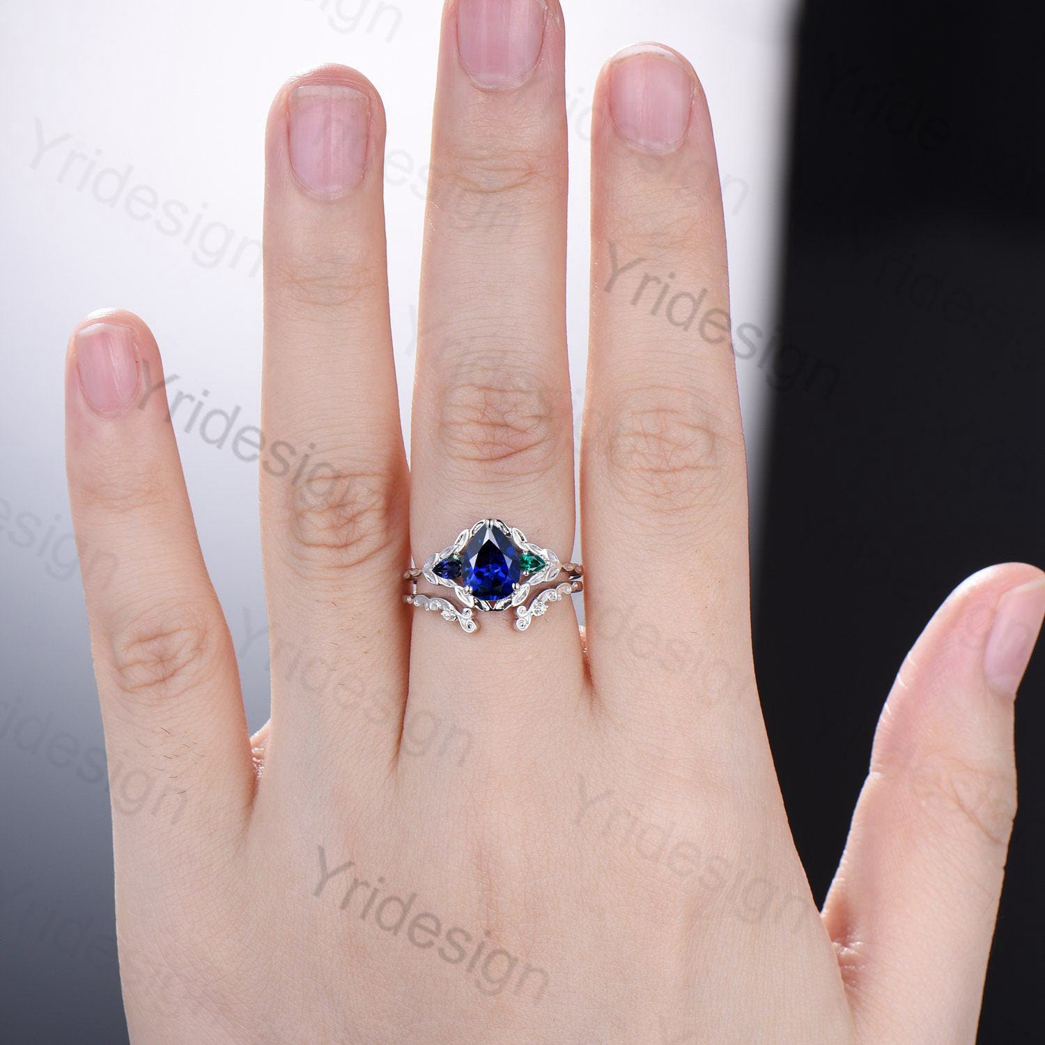 Vintage Blue Sapphire Leaf Engagement Ring Set Solid 10K/14K/18K White Gold Unique Natural Inspired Sapphire Leaves Wedding Ring For Women - PENFINE
