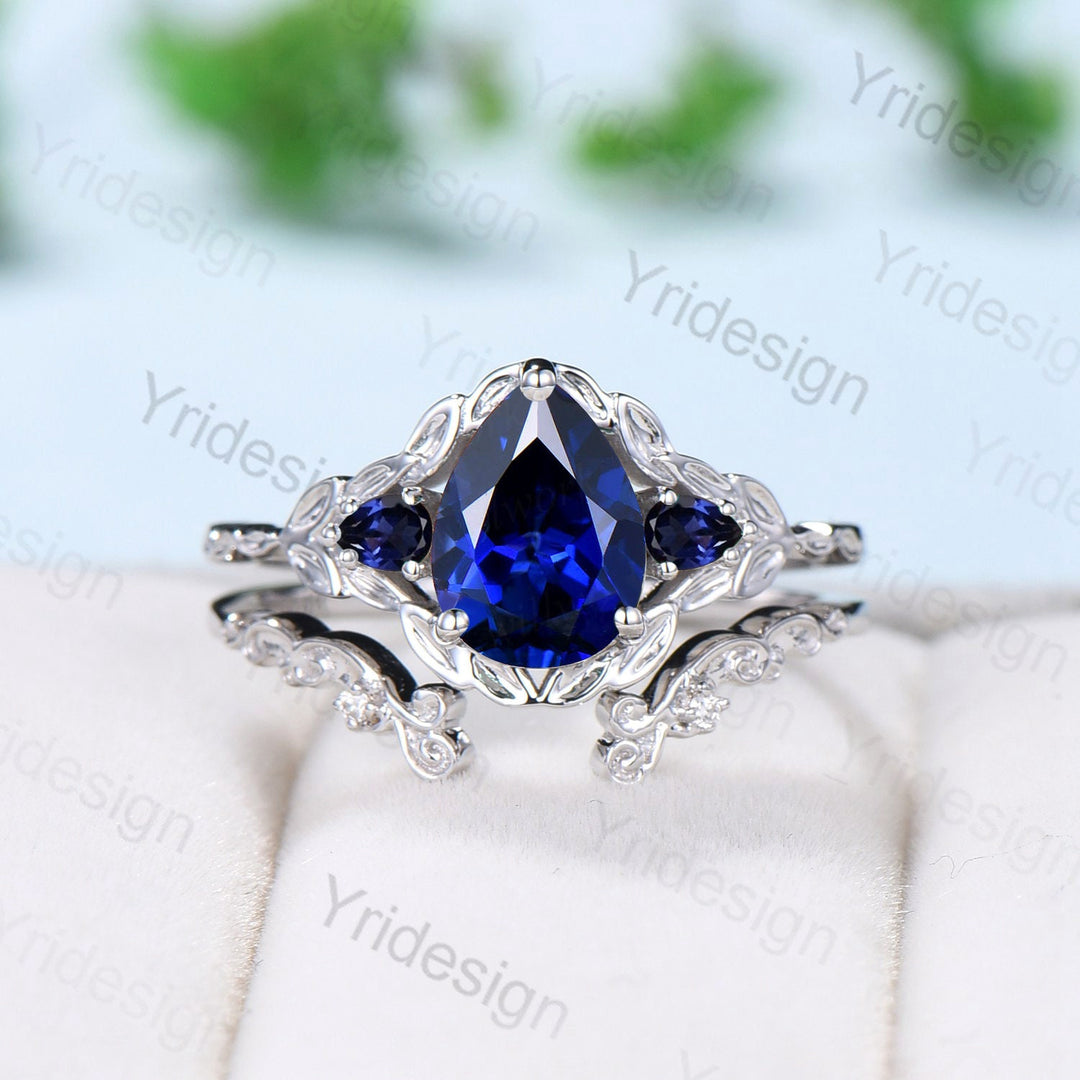 Vintage Blue Sapphire Leaf Engagement Ring Set Solid 10K/14K/18K White Gold Unique Natural Inspired Sapphire Leaves Wedding Ring For Women - PENFINE