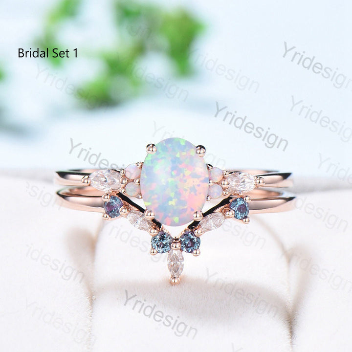 Vintage opal engagement ring set Unique rose gold fire opal wedding set Art deco opal alexandrite stacking band bridal set anniversary gift - PENFINE