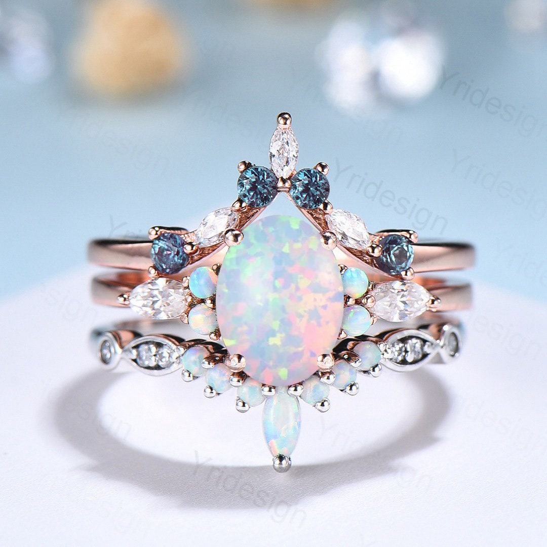 Vintage opal engagement ring set Unique rose gold fire opal wedding set Art deco opal alexandrite stacking band bridal set anniversary gift - PENFINE