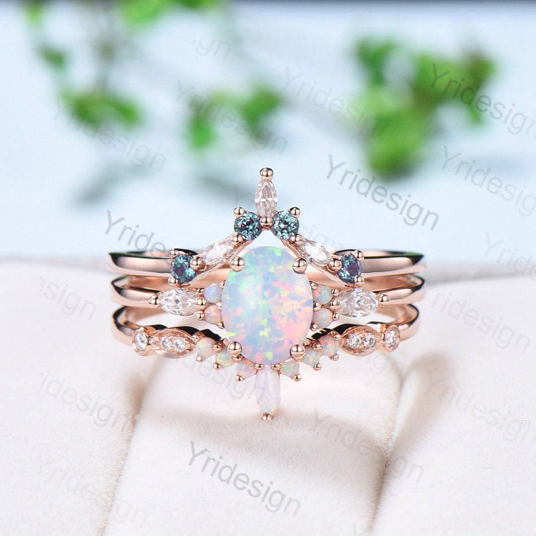 Rose gold opal wedding on sale set