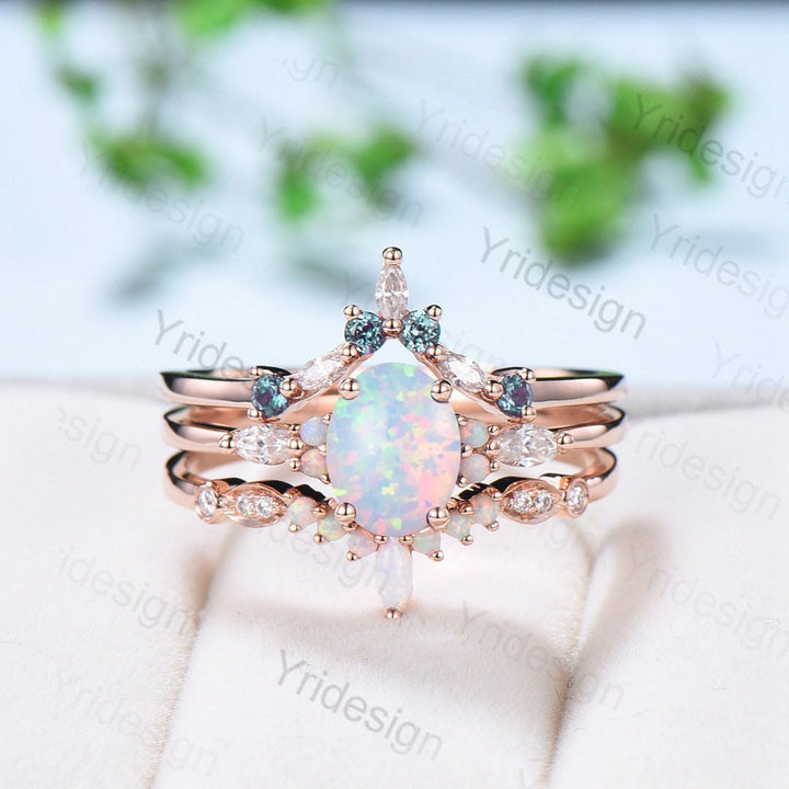 Vintage opal engagement ring set Unique rose gold fire opal wedding set Art deco opal alexandrite stacking band bridal set anniversary gift - PENFINE