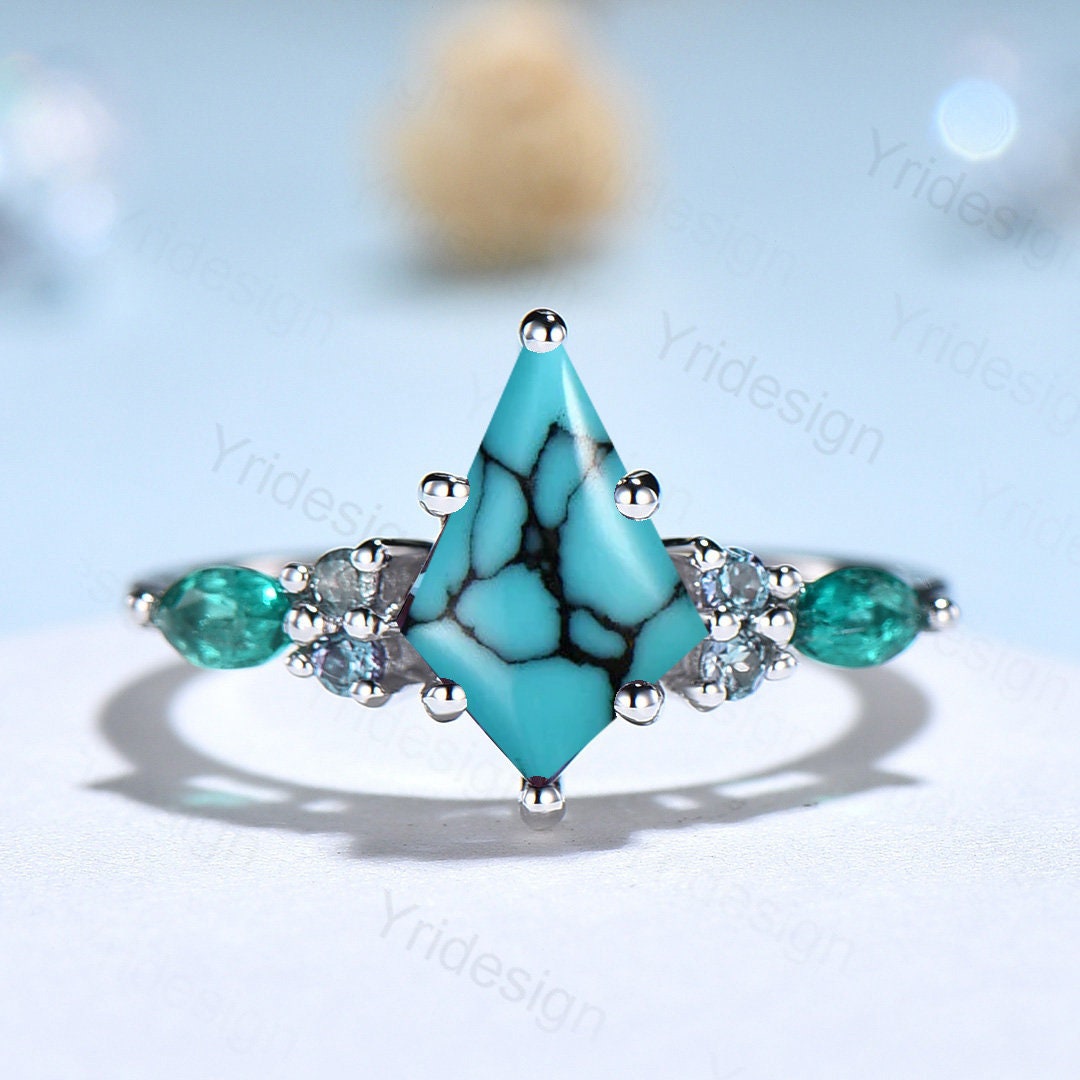 Vintage Turquoise Engagement Ring Kite Cut Marquise Emerald Alexandrite Wedding Ring For Women Unique Six prongs Bridal Promise Ring Gift - PENFINE