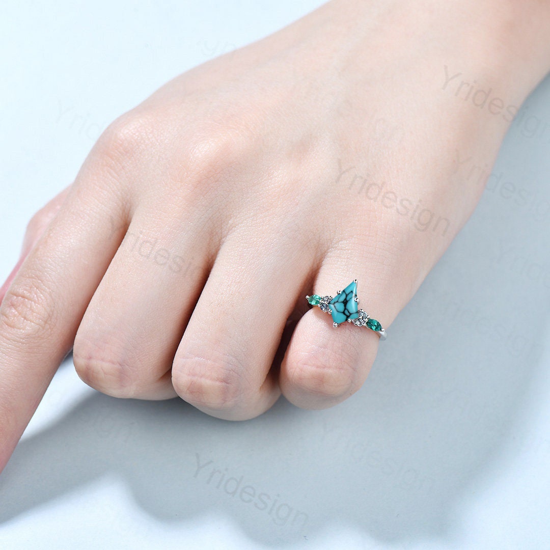 Vintage Turquoise Engagement Ring Kite Cut Marquise Emerald Alexandrite Wedding Ring For Women Unique Six prongs Bridal Promise Ring Gift - PENFINE