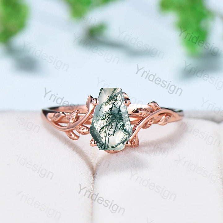 Coffin Shaped Natural Moss Agate Ring Vintage Unique Twig engagement ring Solitaire Natural inspired Leaf Branch gold wedding ring women - PENFINE