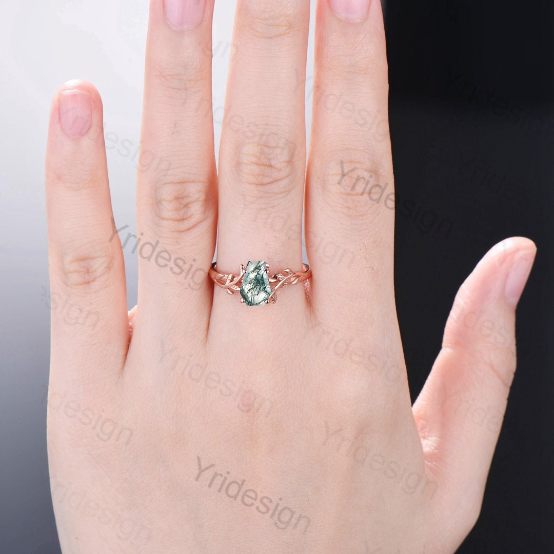 Coffin Shaped Natural Moss Agate Ring Vintage Unique Twig engagement ring Solitaire Natural inspired Leaf Branch gold wedding ring women - PENFINE