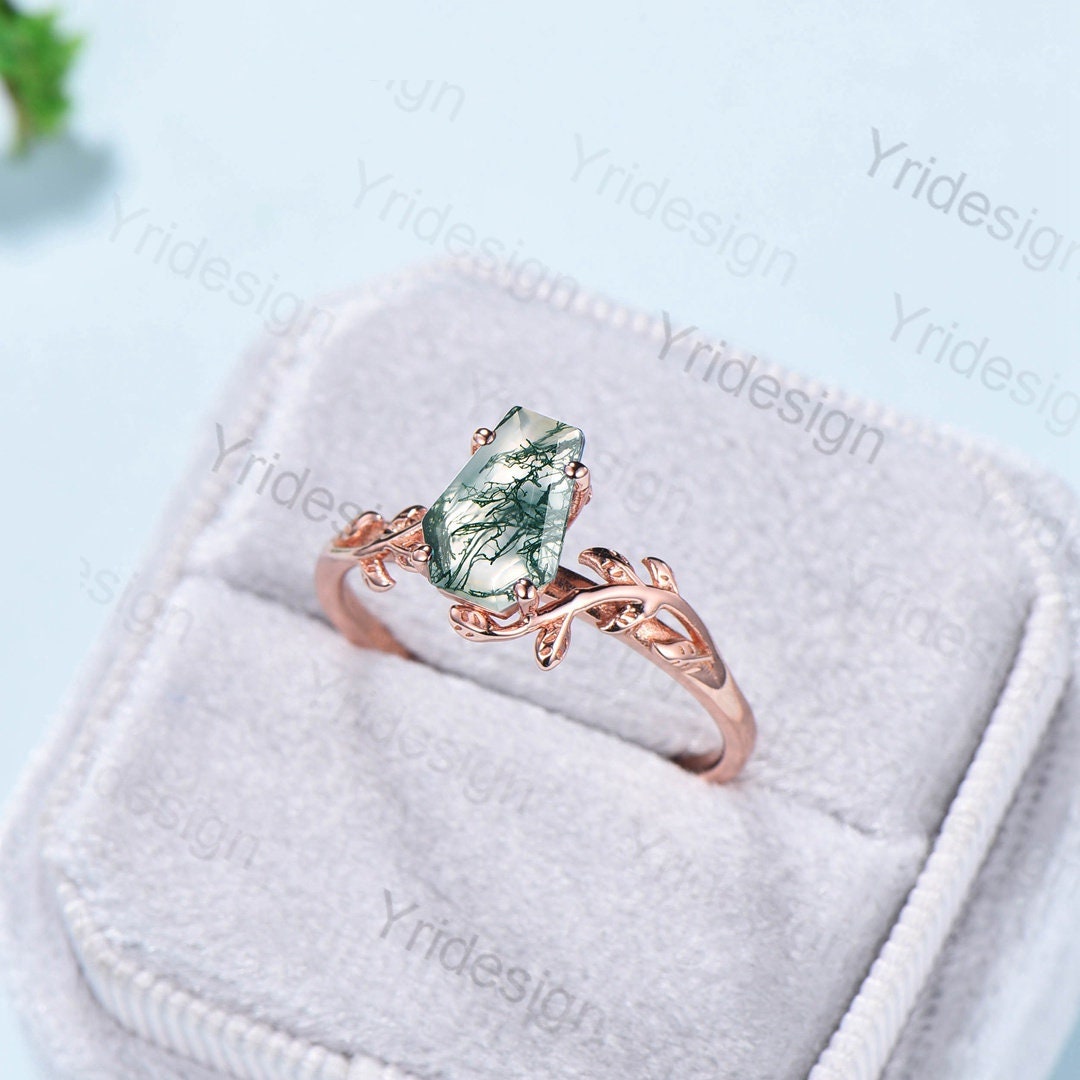 Coffin Shaped Natural Moss Agate Ring Vintage Unique Twig engagement ring Solitaire Natural inspired Leaf Branch gold wedding ring women - PENFINE