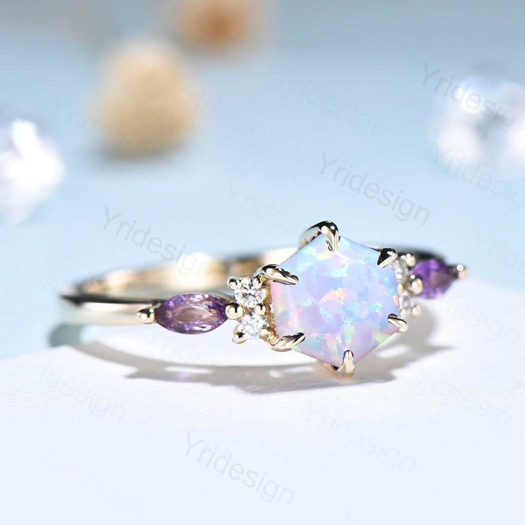 Hexagon opal ring dainty vintage fire white opal engagement ring art deco 7 stone amethyst moissanite promise ring rose gold for women - PENFINE