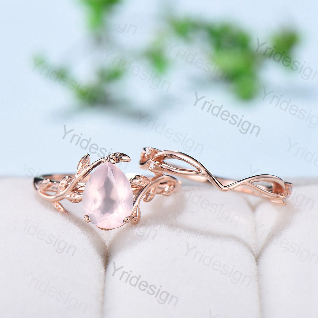 Natural Inspired rose quartz ring set Leaf engagement ring women unique  solitaire pink crystal ring Valentine's Day wedding ring set for her