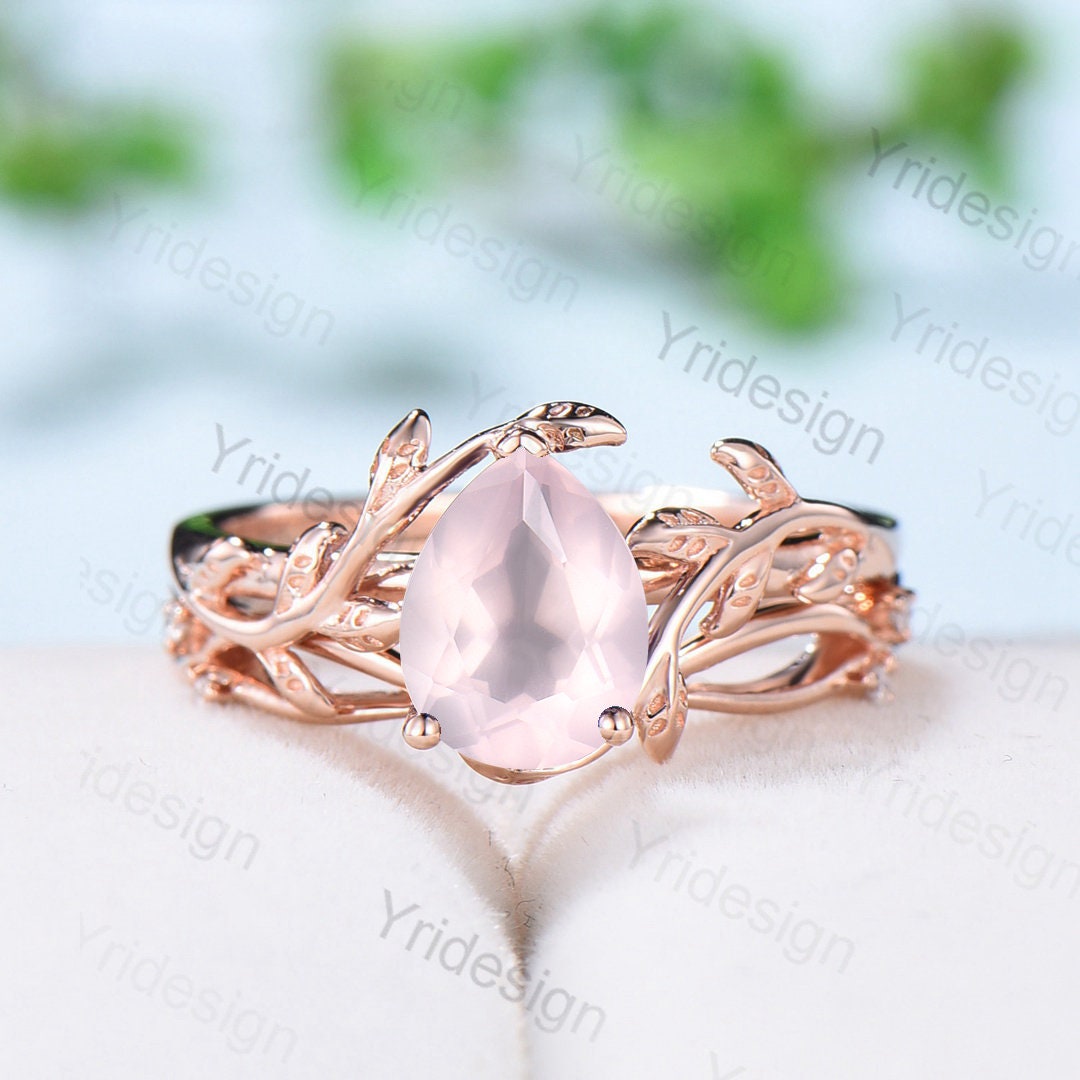 Natural Inspired rose quartz ring set Leaf engagement ring women unique solitaire pink crystal ring Valentine's Day wedding ring set for her - PENFINE