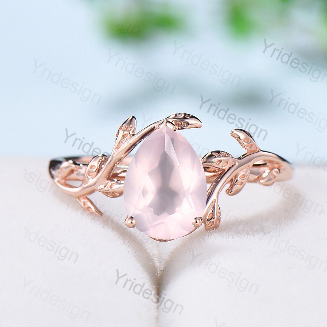 Natural Inspired rose quartz ring set Leaf engagement ring women unique solitaire pink crystal ring Valentine's Day wedding ring set for her - PENFINE