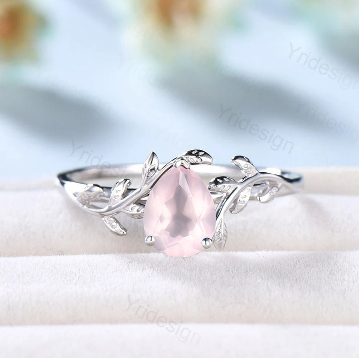 Natural Inspired rose quartz ring set Leaf engagement ring women unique solitaire pink crystal ring Valentine's Day wedding ring set for her - PENFINE