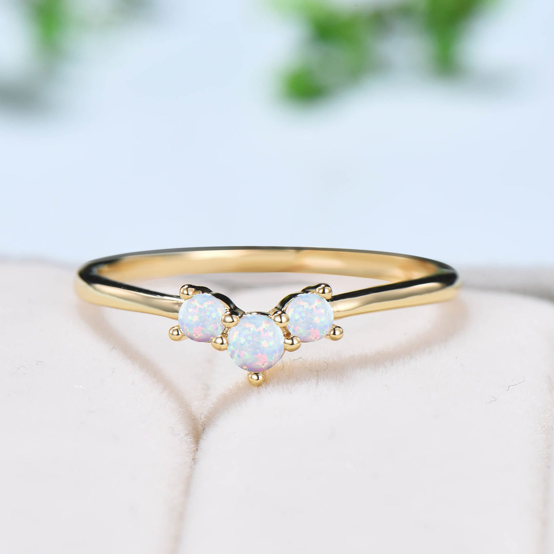 Three Stone fire opal wedding ring Minimalist white opal