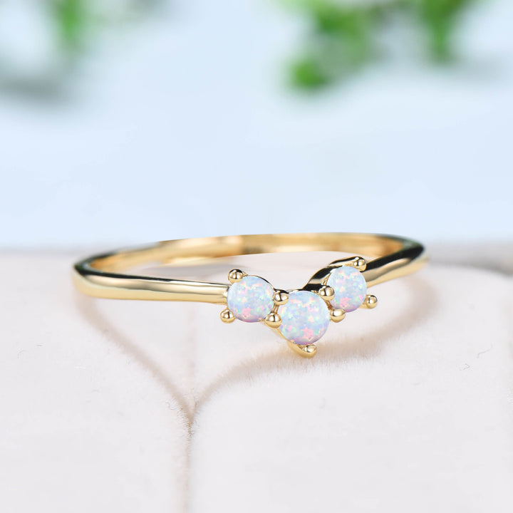 Three Stone fire opal wedding ring Minimalist white opal engagement ring opal stacking matching band Bridal Promise ring Anniversary gift - PENFINE