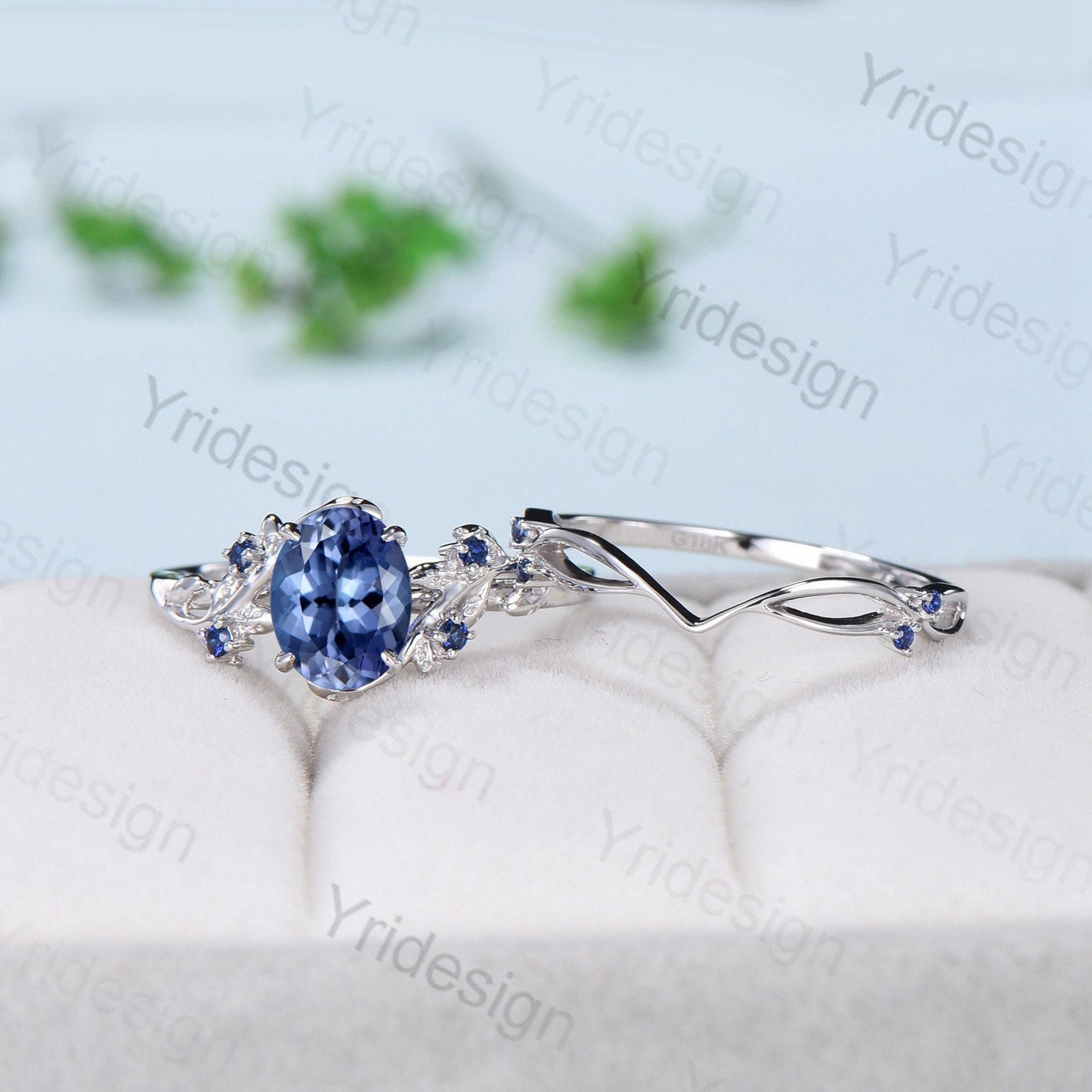 Vintage tanzanite wedding ring set Leaf twig engagement ring set Art deco Natural Inspired sapphire bridal set for women Branch promise ring - PENFINE