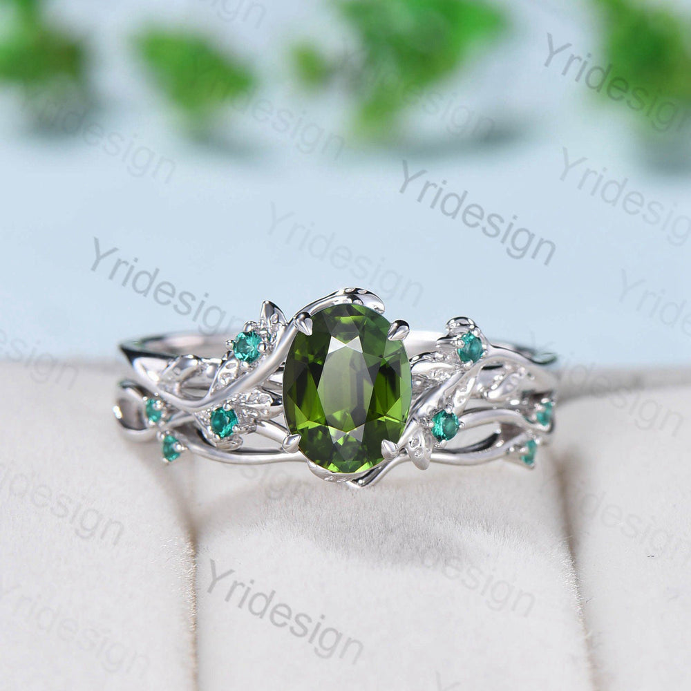Natural Inspired green tourmaline ring set cluster emerald tourmaline engagement ring women unique green stone wedding ring set for her - PENFINE