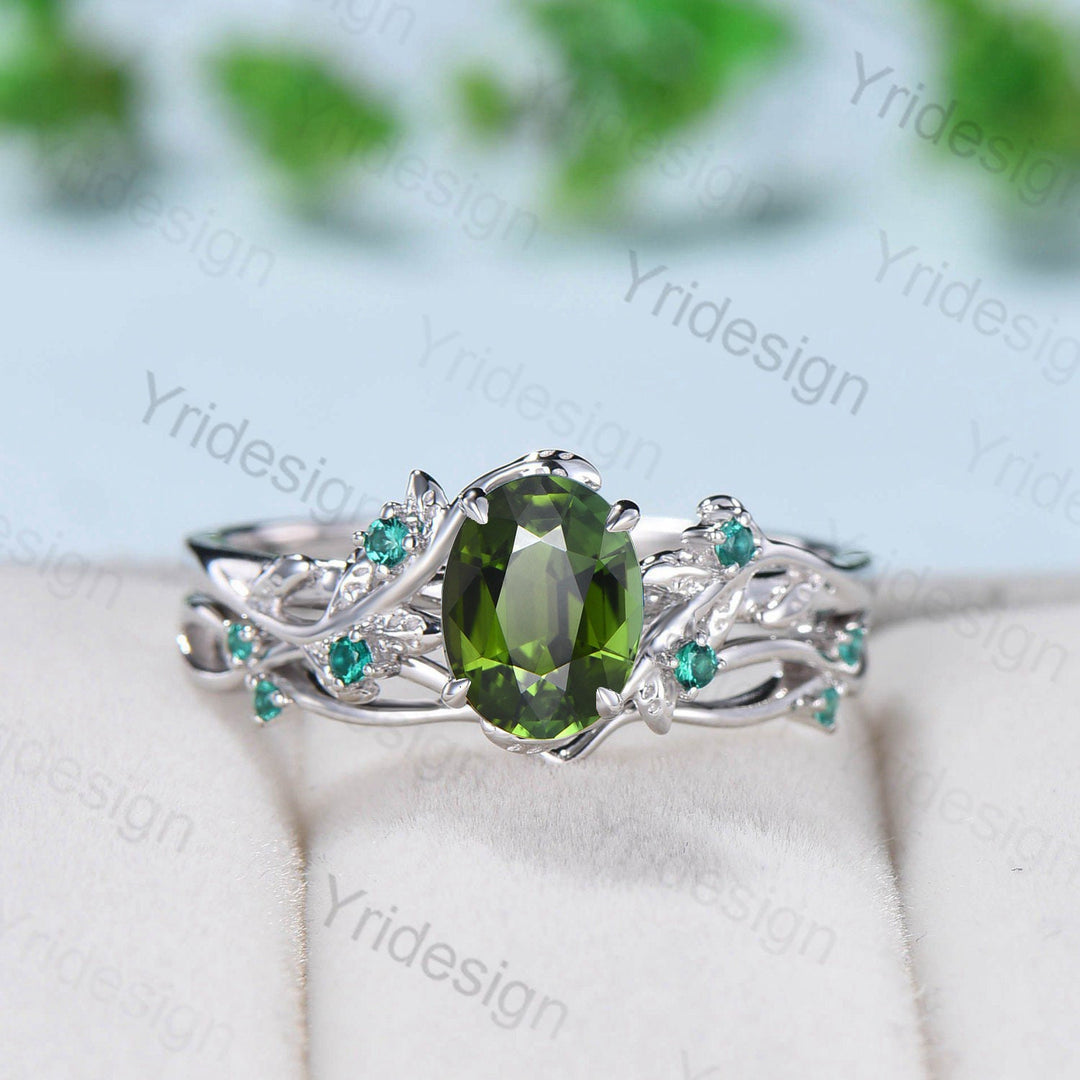Natural Inspired green tourmaline ring set cluster emerald tourmaline engagement ring women unique green stone wedding ring set for her - PENFINE