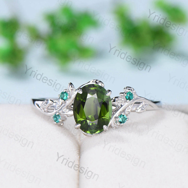 Natural Inspired green tourmaline ring set cluster emerald tourmaline engagement ring women unique green stone wedding ring set for her - PENFINE