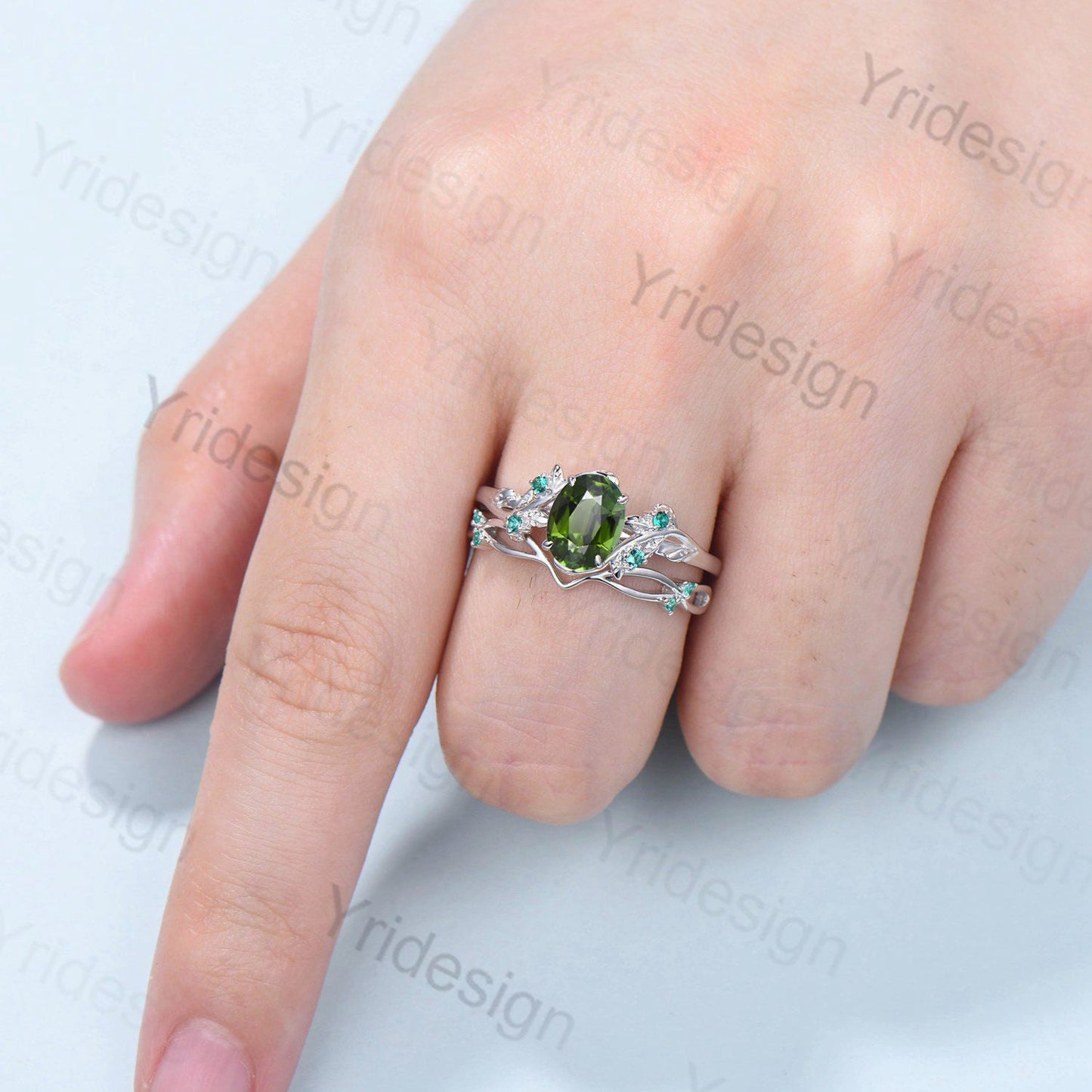 Natural Inspired green tourmaline ring set cluster emerald tourmaline engagement ring women unique green stone wedding ring set for her - PENFINE