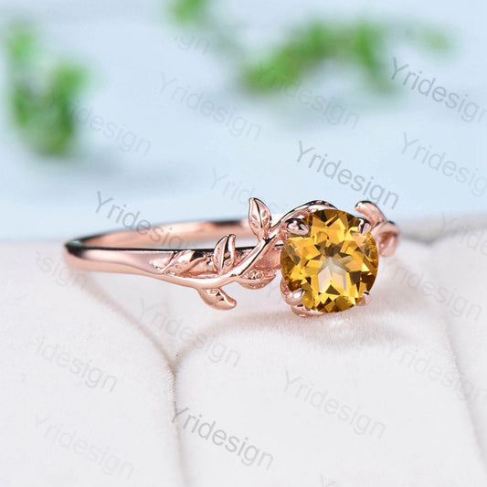 Elegant Natural inspired Citrine Ring Vintage Unique Twig Citrine Engagement Ring Rose Gold Leaf Branch Wedding Ring Proposal Gift For Women - PENFINE