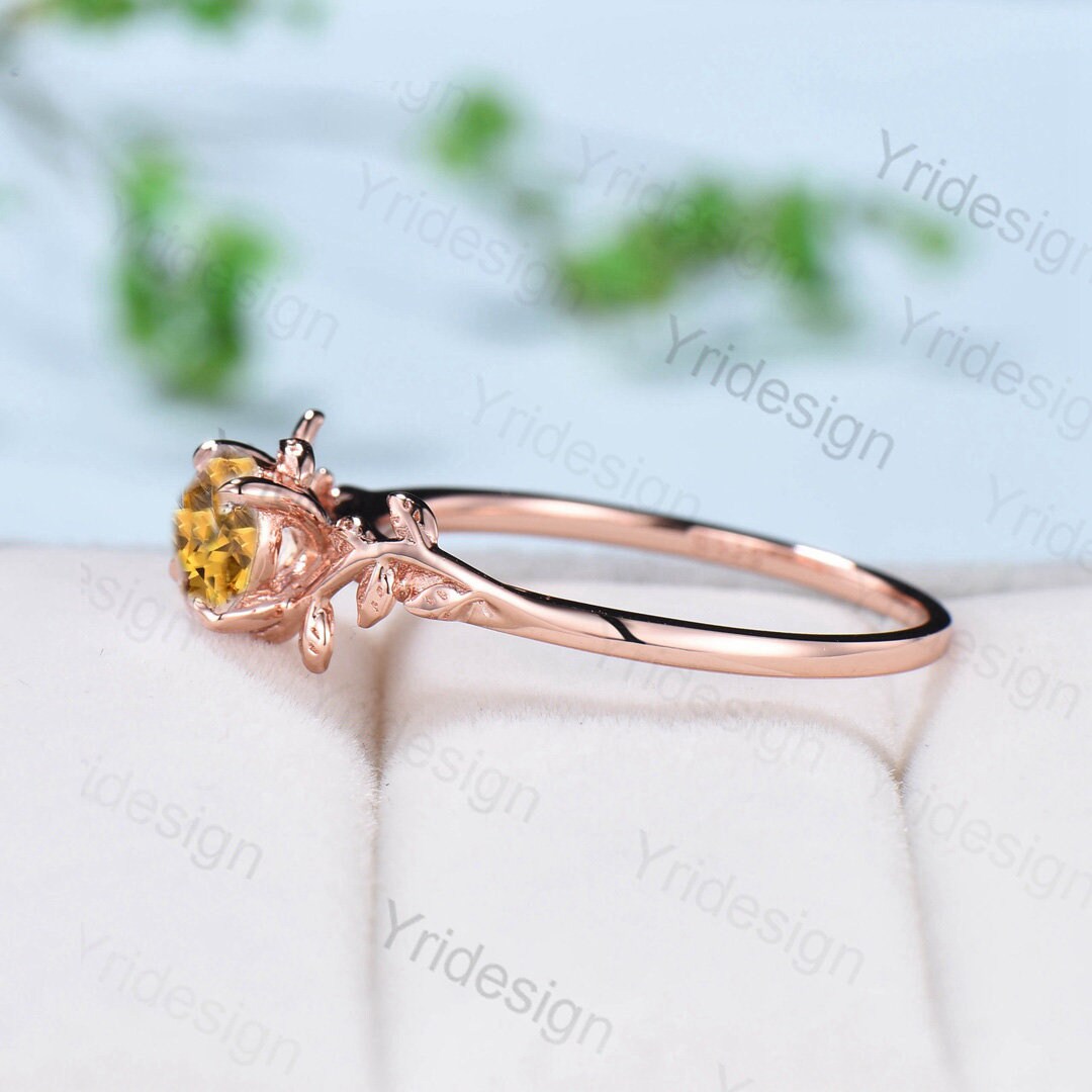 Elegant Natural inspired Citrine Ring Vintage Unique Twig Citrine Engagement Ring Rose Gold Leaf Branch Wedding Ring Proposal Gift For Women - PENFINE