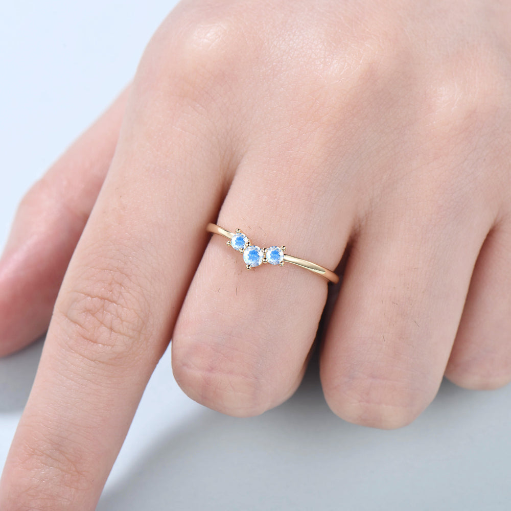 Natural moonstone wedding ring Minimalist rainbow blue engagement ring dainty stacking matching band Bridal Promise ring Anniversary gift - PENFINE