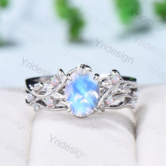 Natural Inspired Leaf moonstone ring set twig opal moonstone engagement ring vintage unique gold wedding ring set for women Branch ring - PENFINE