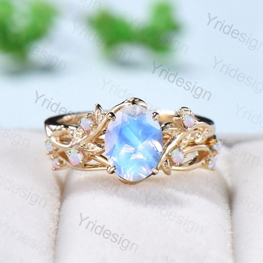 Natural Inspired Leaf moonstone ring set twig opal moonstone engagement ring vintage unique gold wedding ring set for women Branch ring - PENFINE