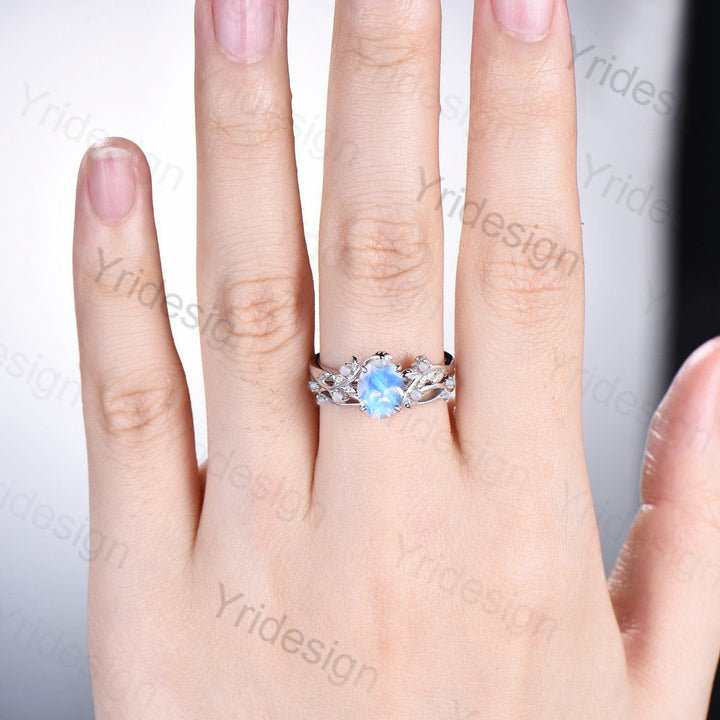 Natural Inspired Leaf moonstone ring set twig opal moonstone engagement ring vintage unique gold wedding ring set for women Branch ring - PENFINE