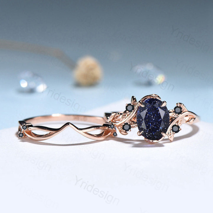 Natural Inspired Leaf Blue Sandstone Ring Set Cluster Spinel Galaxy Engagement Ring Women Unique Leaves Branch Personalized Anniversary Gift - PENFINE