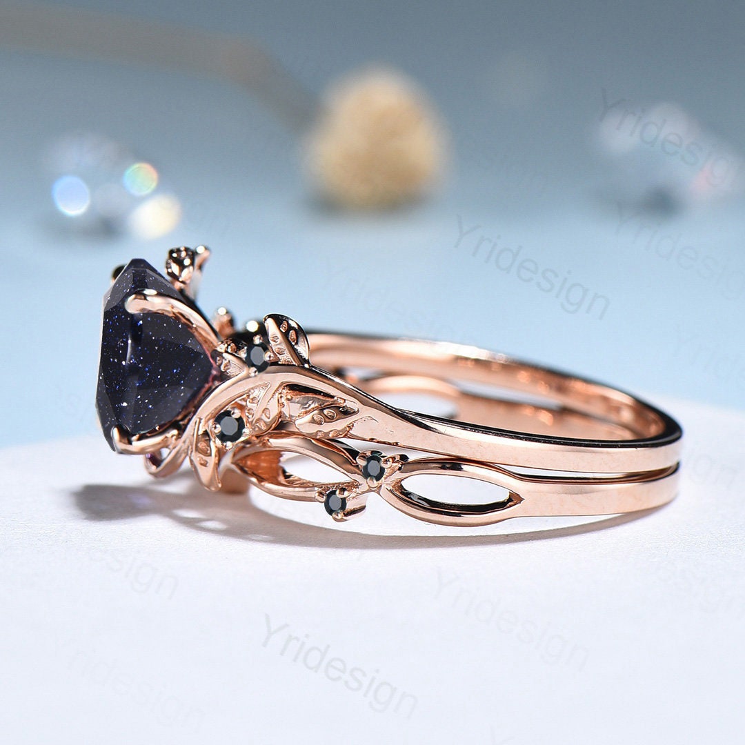 Natural Inspired Leaf Blue Sandstone Ring Set Cluster Spinel Galaxy Engagement Ring Women Unique Leaves Branch Personalized Anniversary Gift - PENFINE