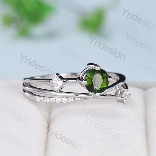 Unique green tourmaline engagement ring Twisted infinity moissanite wedding ring Vintage split shank bridal ring proposal gift for women - PENFINE