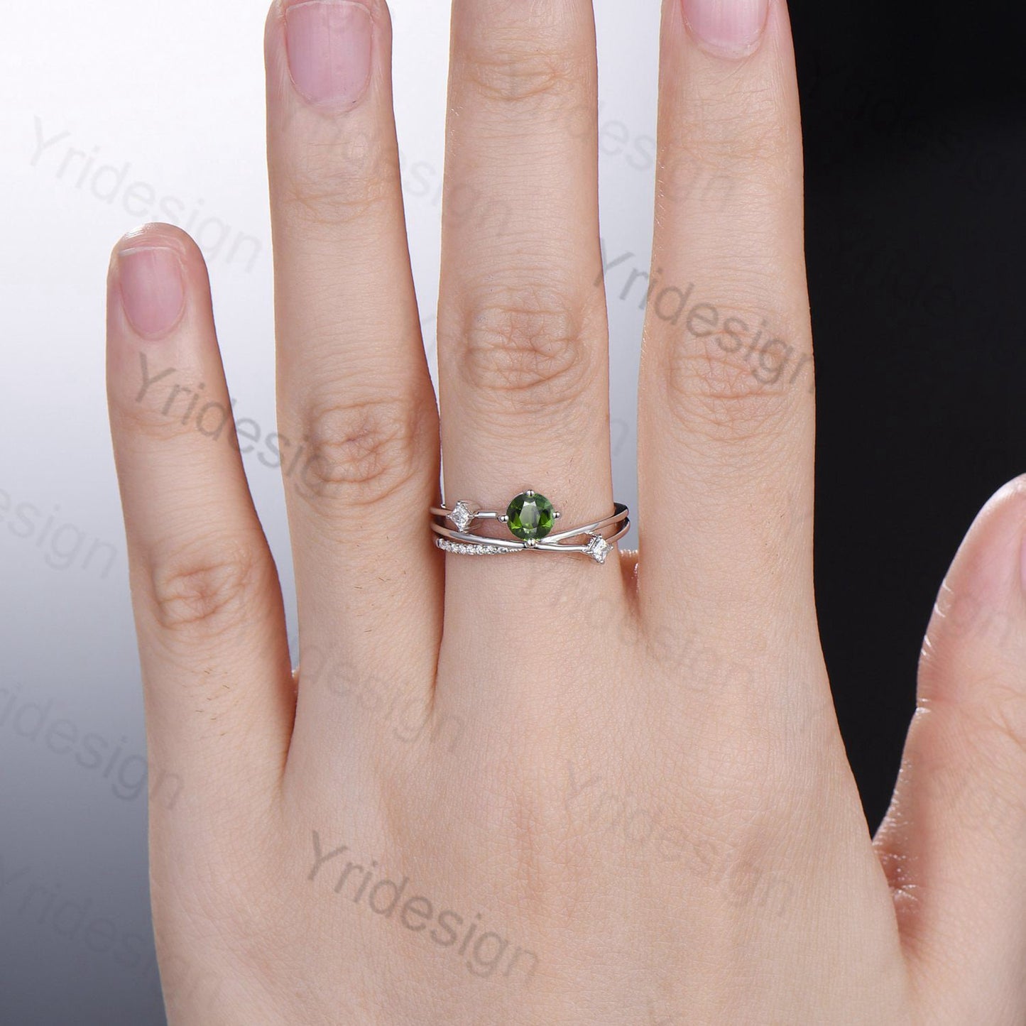 Unique green tourmaline engagement ring Twisted infinity moissanite wedding ring Vintage split shank bridal ring proposal gift for women - PENFINE